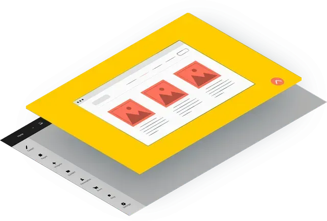 Isometric mockup of a website design displayed on overlapping devices in gray and yellow, with three content blocks.