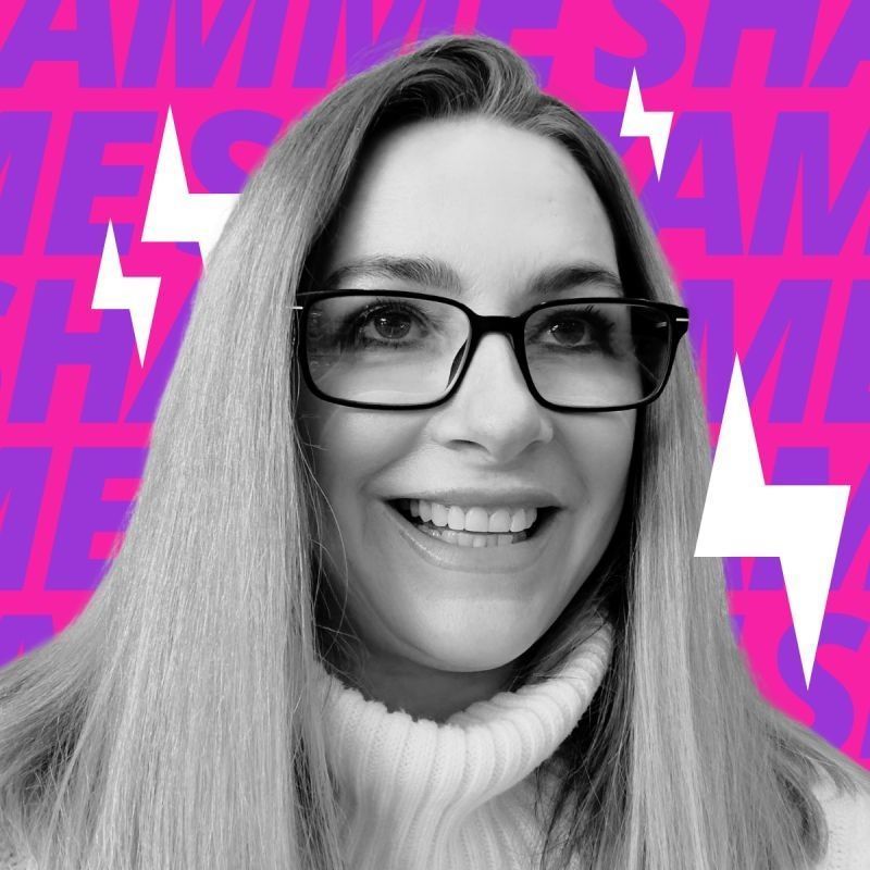 Woman with glasses smiles at the camera. Purple background with white lightning bolts and text.