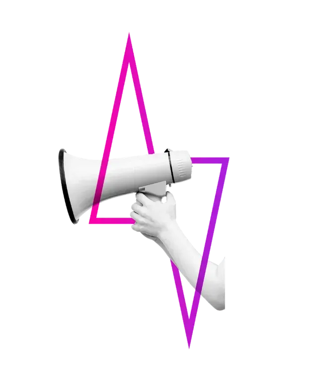 Hand holding a white megaphone with a purple triangle overlay, set against a white background.
