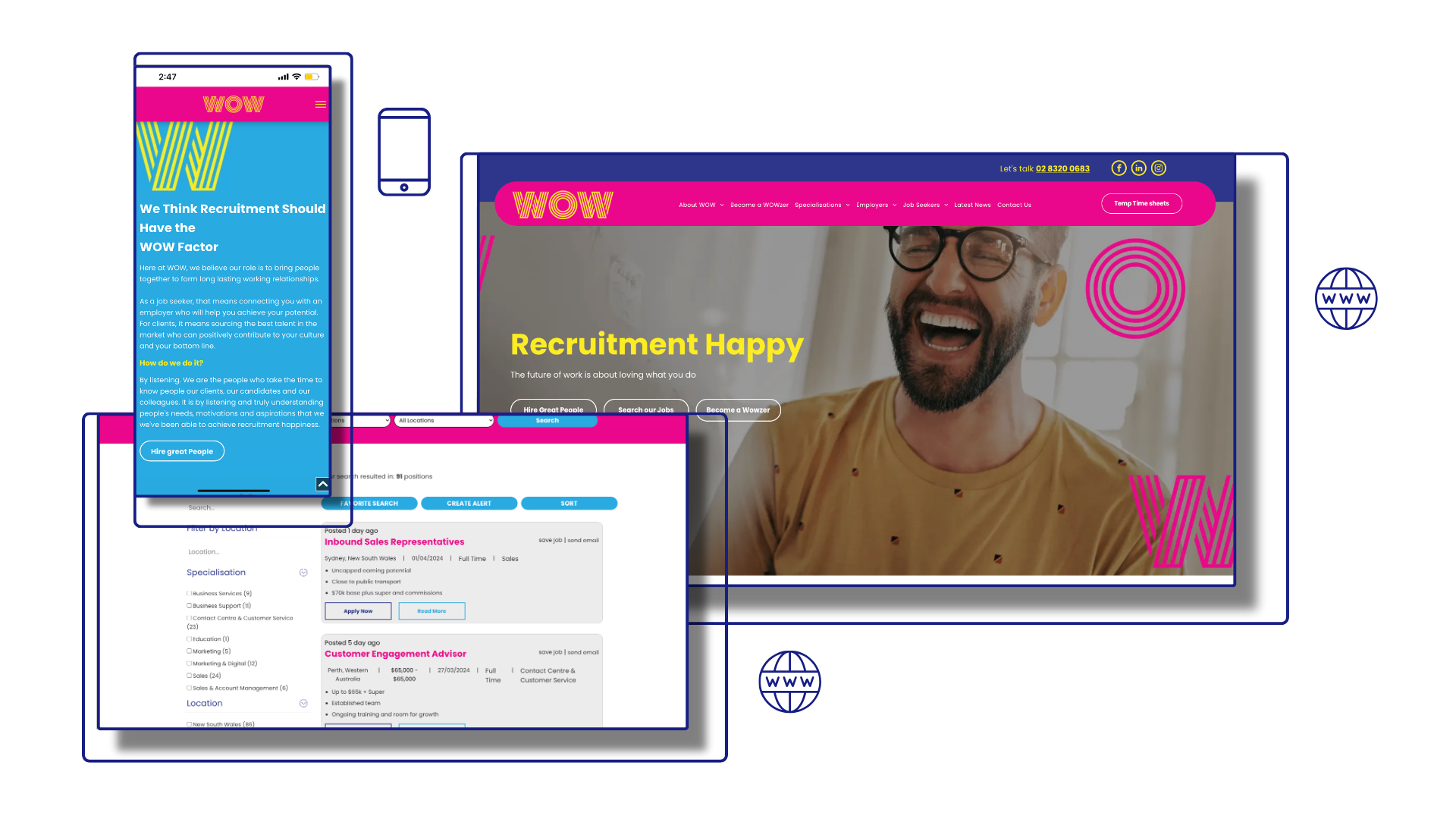 Website mockup: WOW logo, job listings, and a happy person, displayed on a phone, tablet, and desktop.
