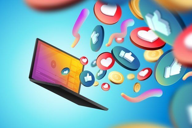 Laptop emitting social media likes, hearts, and coins against a blue background.