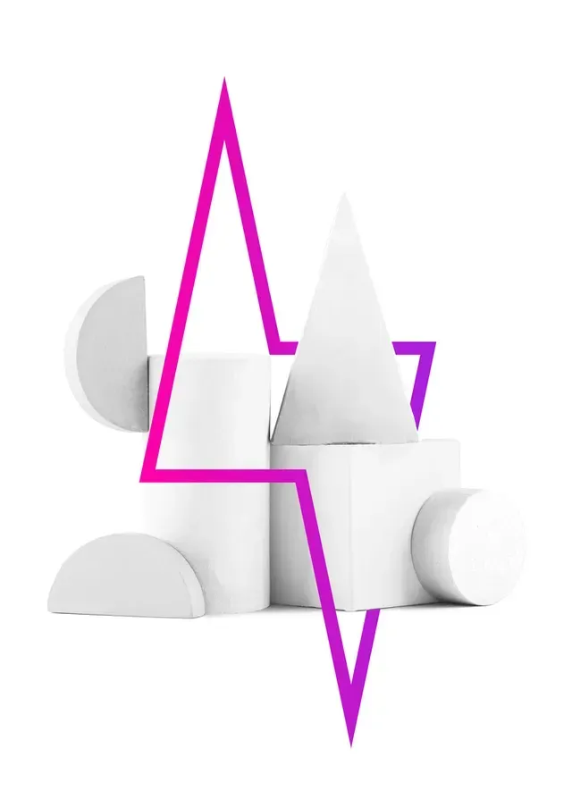 White geometric shapes with a pink zig-zag line overlay.