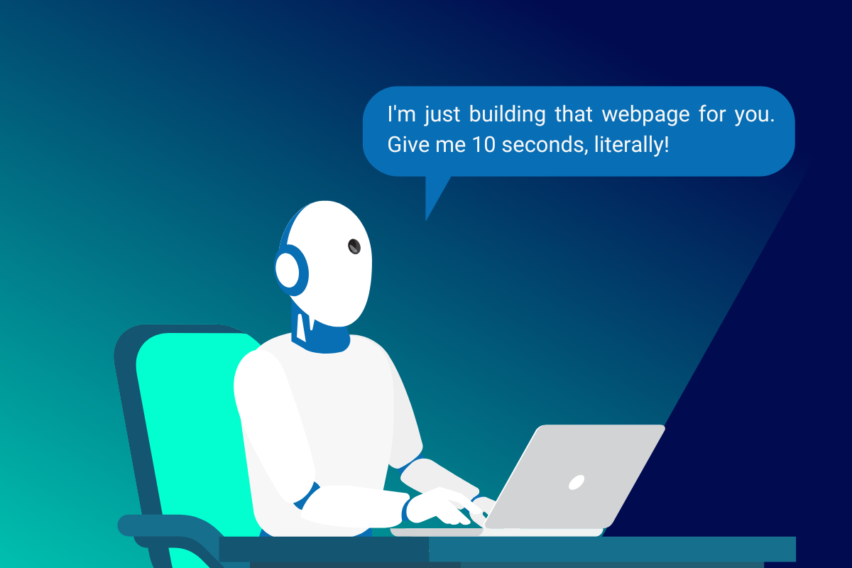 Robot building a webpage on a laptop. It's saying,