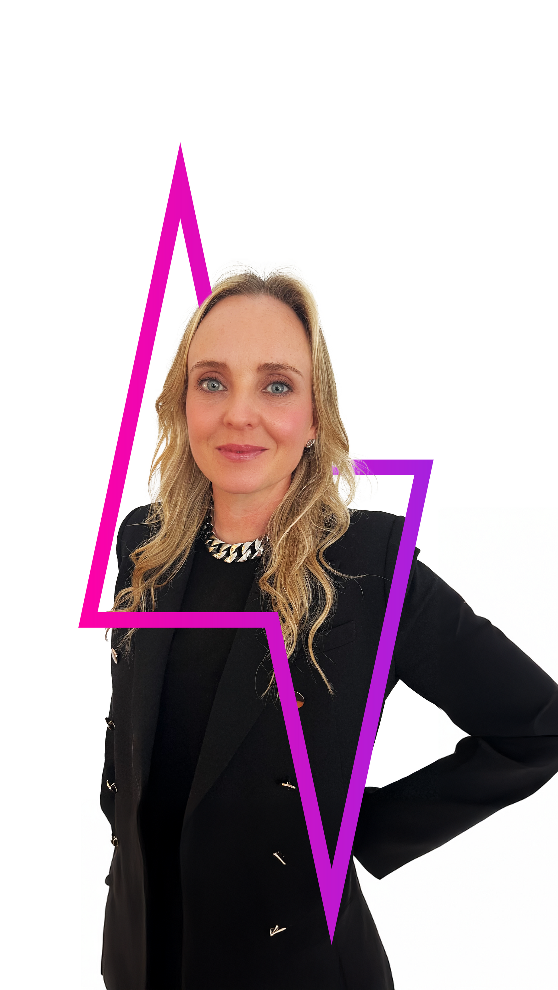 Woman in black blazer, smiling, with pink triangle graphic overlaid.