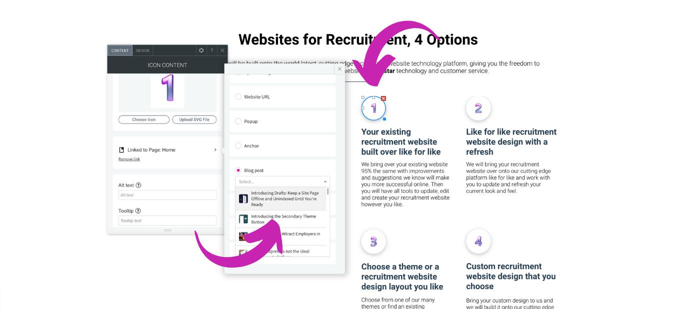 Diagram demonstrating recruitment websites with two overlapping displays and purple arrows.