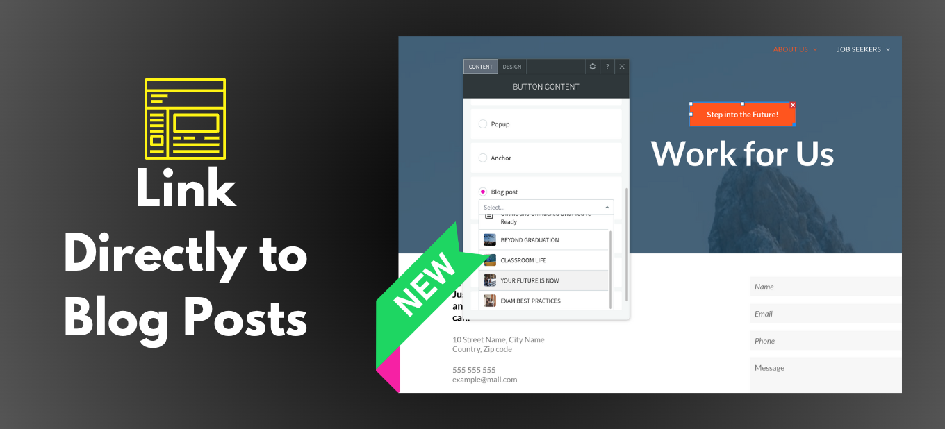 Web interface promoting ability to link directly to blog posts. Displays a website mockup with a 
