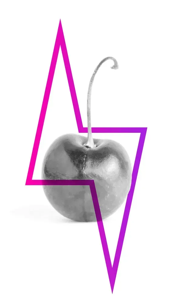 Black and white cherry with a purple lightning bolt graphic overlay.