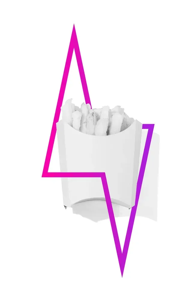 French fries in white container, framed by a pink geometric shape.