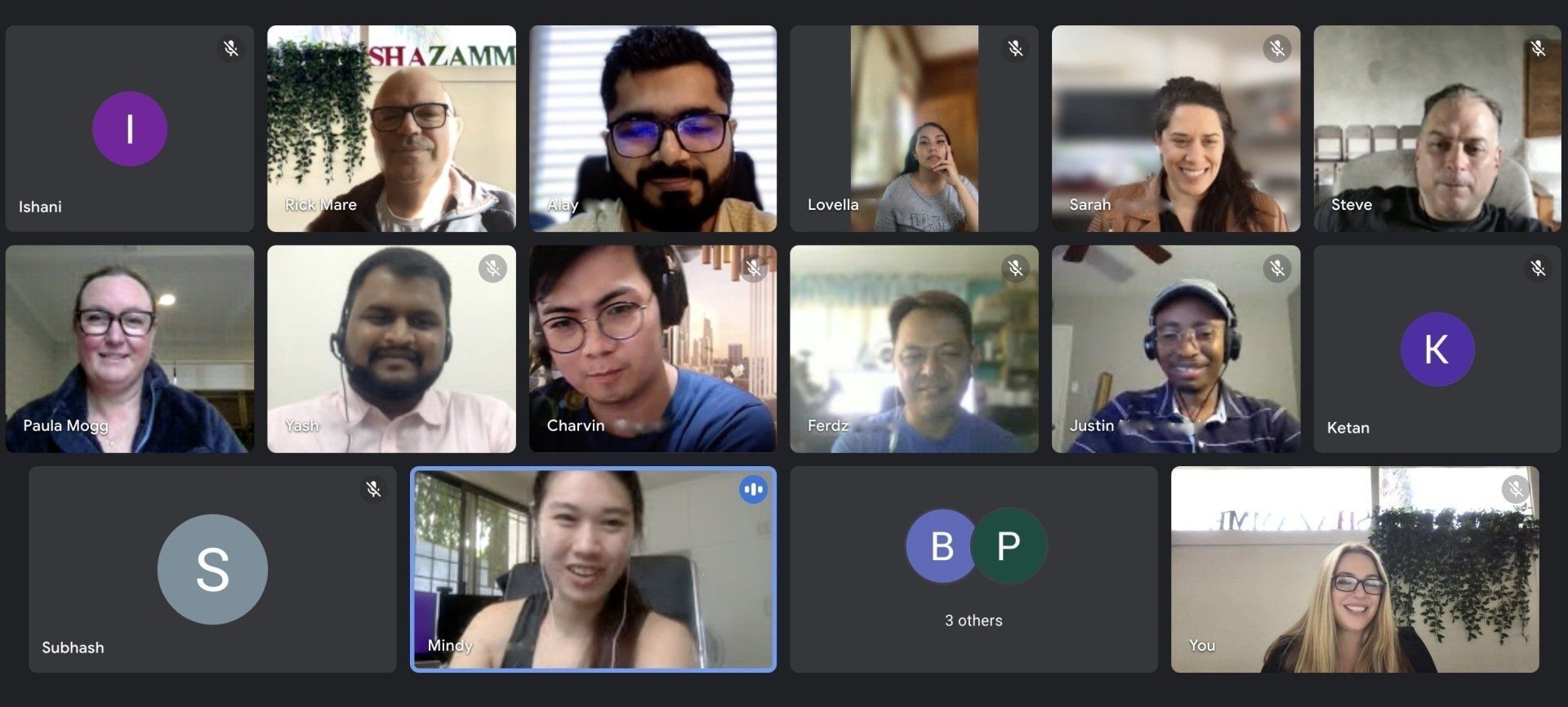 A virtual meeting with 15 people on screen; they are smiling and engaged.