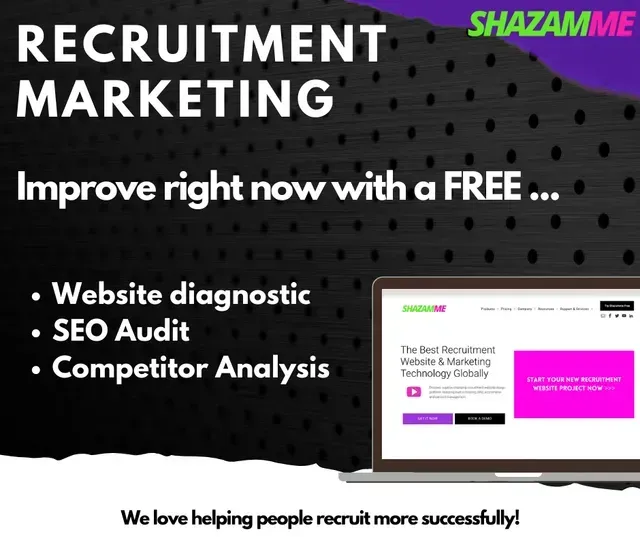 Advertisement for recruitment marketing services, offering a free website diagnostic, SEO audit, and competitor analysis.