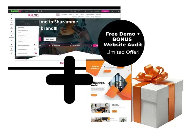 Website demo with website audit bonus and gift box.