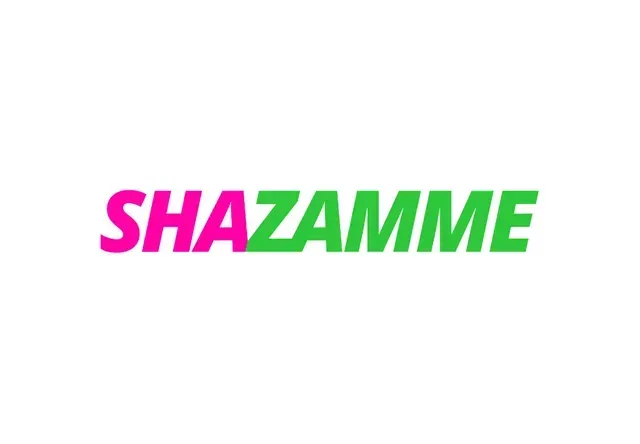 Shazam logo: pink and green text on white background. The word
