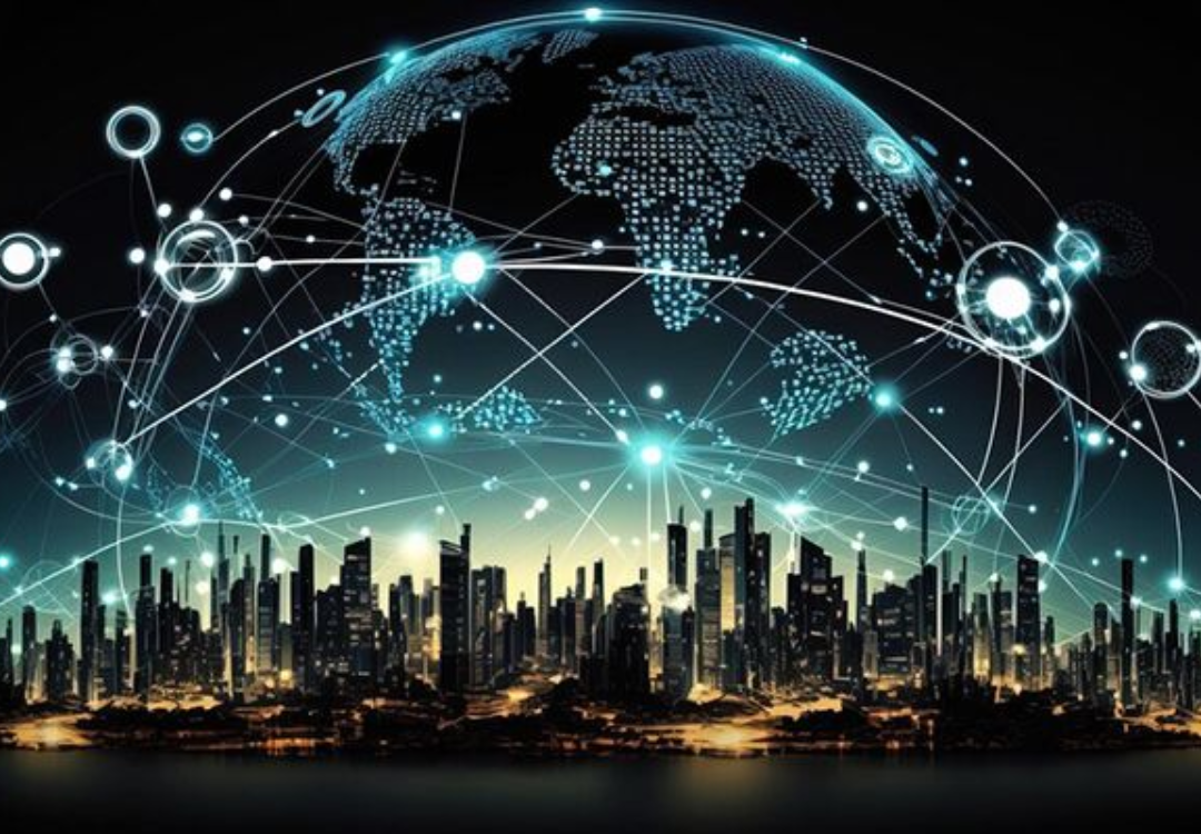 Person using a smartphone with email icons overlaying, near an open laptop in a cafe.