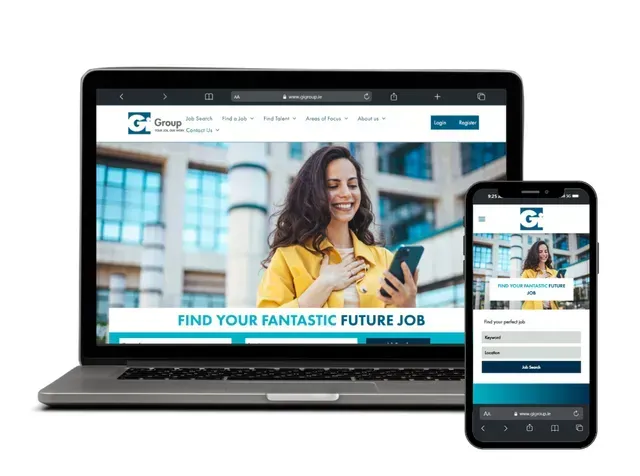 Laptop and phone displaying the "G Group" website with a smiling woman.