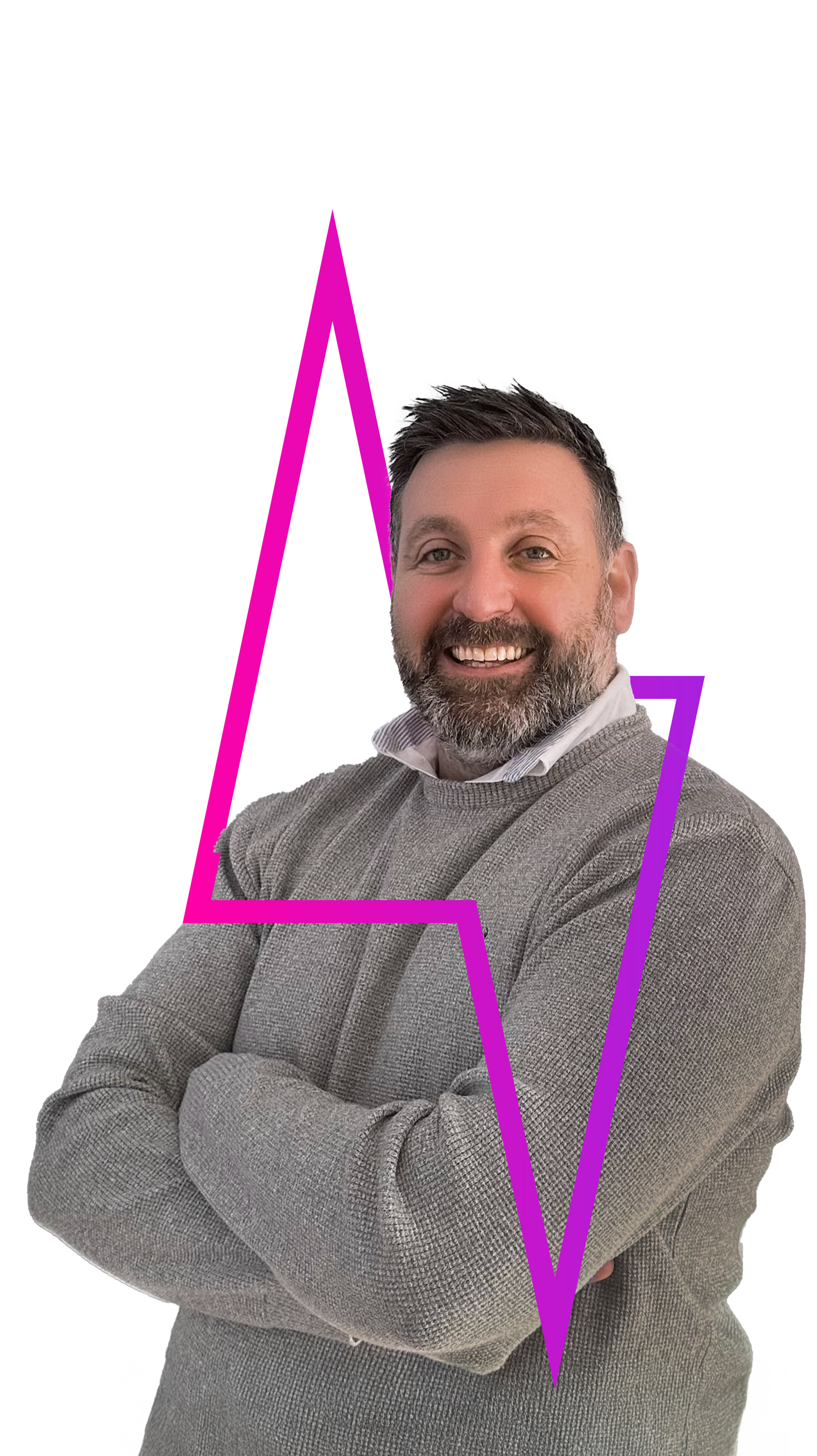 Man with folded arms and a magenta and purple graphic overlay.