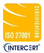 Yellow square ISO 27001 certification badge with white text, featuring an InterCert logo below.