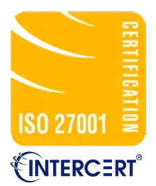 ISO 27001 certification logo: Yellow square with white text