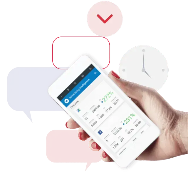 Hand holding a phone with a marketing dashboard open, surrounded by icons and speech bubbles.