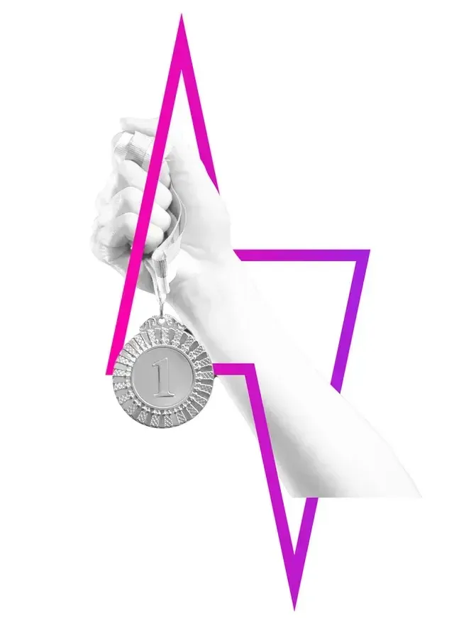 Hand holding a silver medal, inside a purple geometric shape.