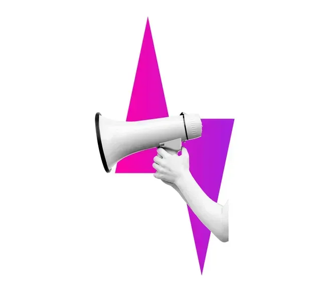 White hand holding a megaphone against a pink and purple lightning bolt shape.