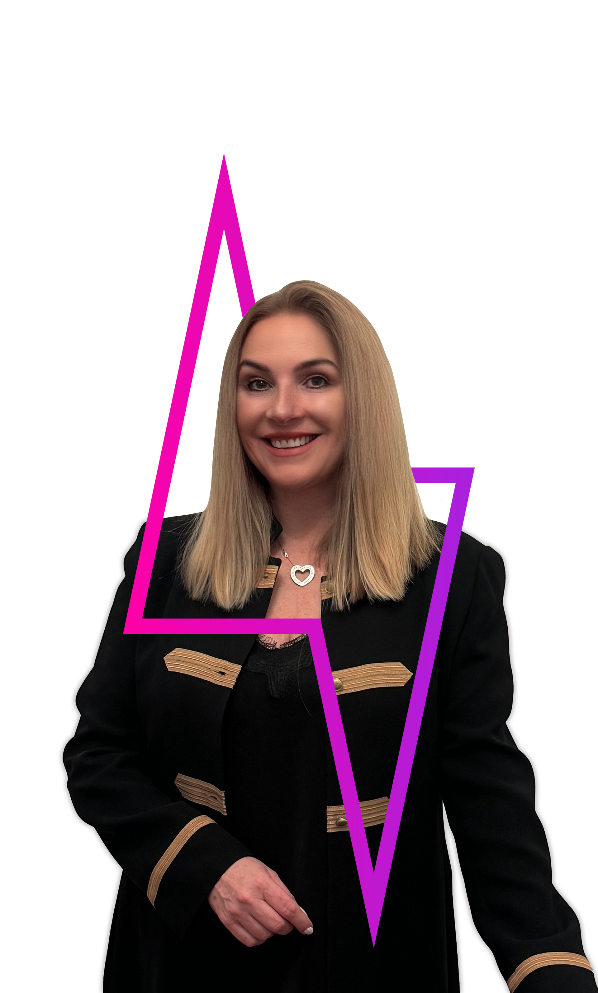 Woman in black jacket smiling, framed by a pink zigzag.