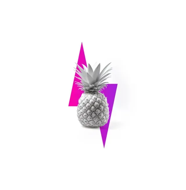 Silver pineapple with a pink and purple lightning bolt background.