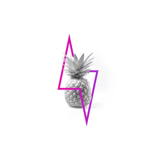 Monochrome pineapple with a pink and purple lightning bolt design.