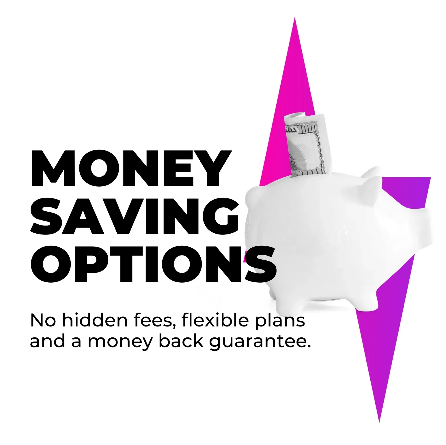 White piggy bank with money, surrounded by purple and pink graphic; text says 