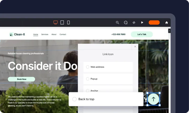 Website interface with a pop-up menu for selecting a link type, with a call to action button.