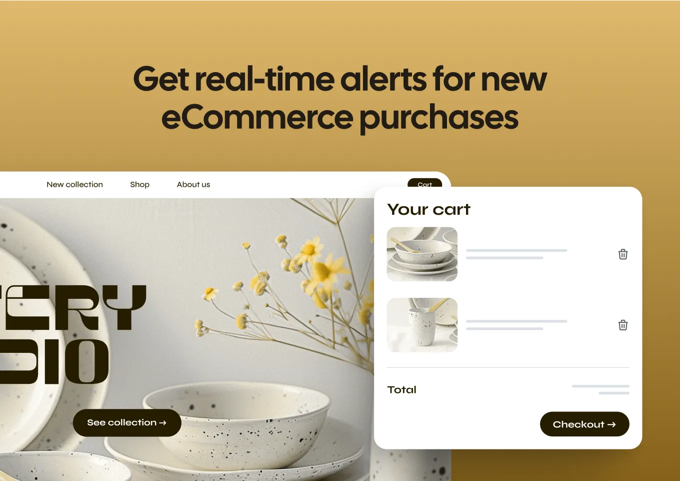 ECommerce website interface with real-time alerts for new purchases and a displayed cart.