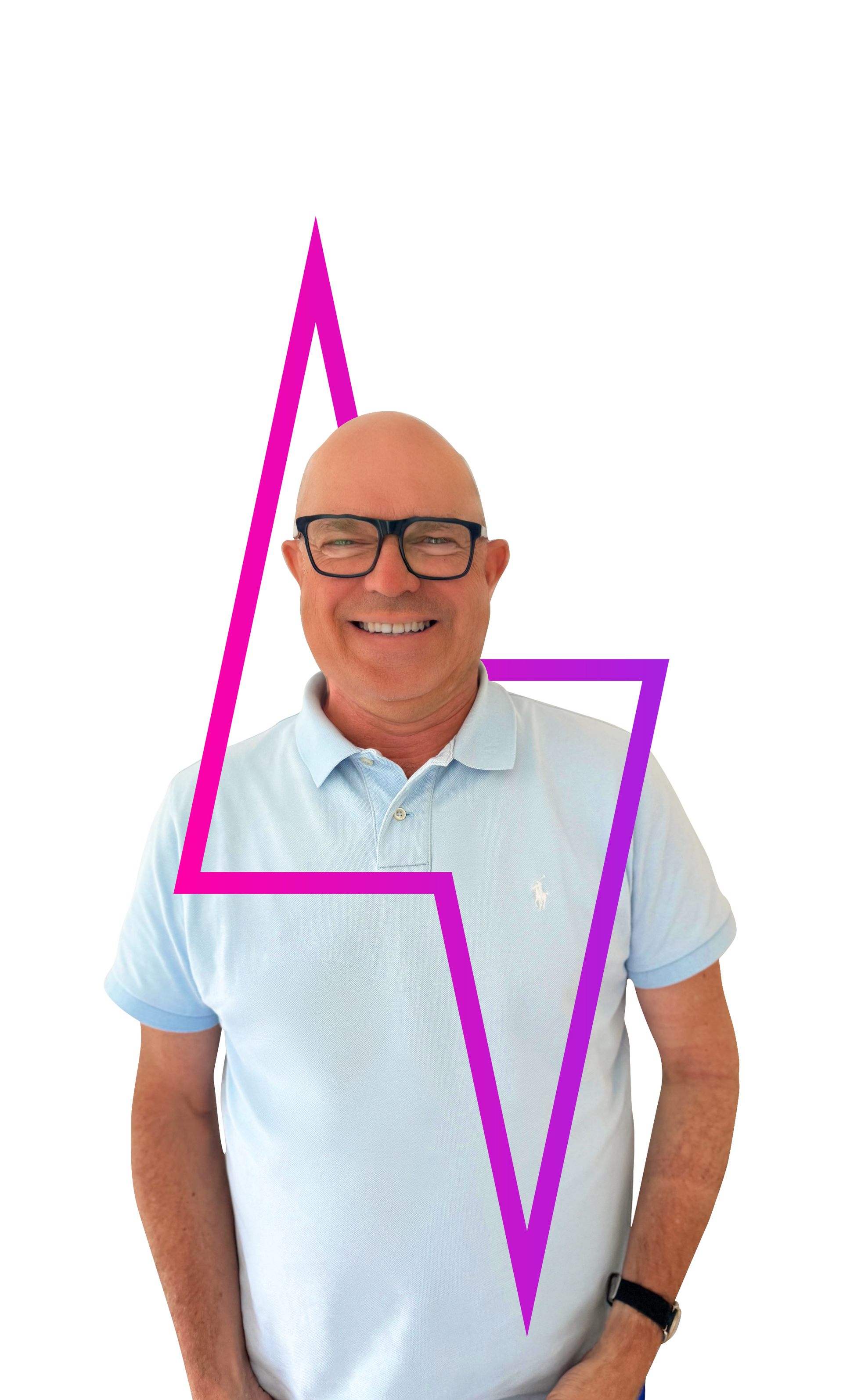 Bald man with glasses smiling, light blue shirt, overlaid with purple and pink zig-zag shape.