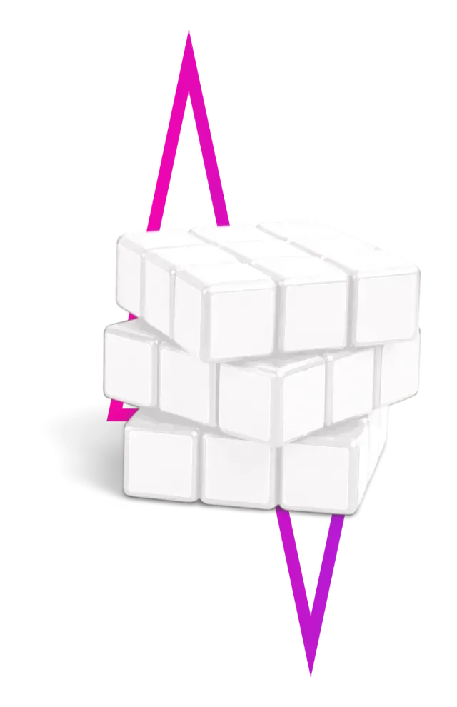 Three stacks of white rectangular blocks with a pink inverted V shape above and below.