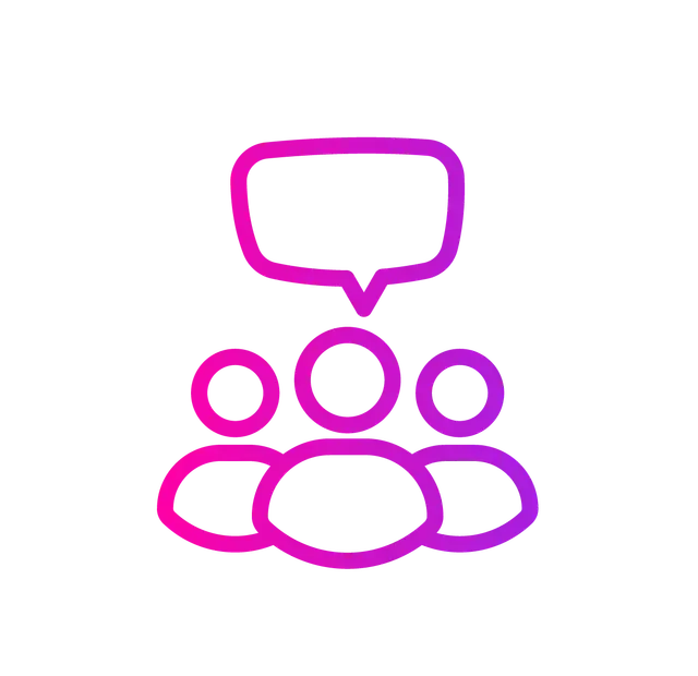 Three figures with a speech bubble, in pink and purple gradient, representing communication.
