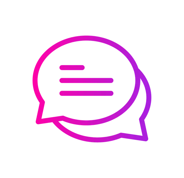 Two overlapping speech bubbles, pink to purple gradient, with horizontal lines indicating text.