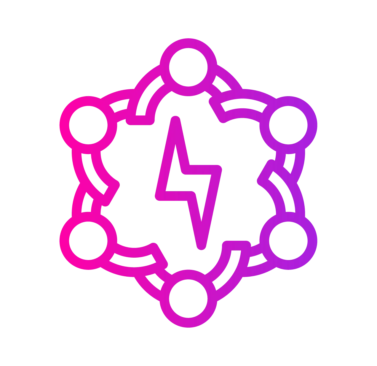 A hexagon with circles connected around a lightning bolt; a gradient of purple and pink.