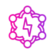 Hexagon with connected circles and a lightning bolt in the center, gradient pink to purple.