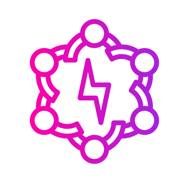 Hexagon with circles linked, lightning bolt in center, pink to purple gradient.