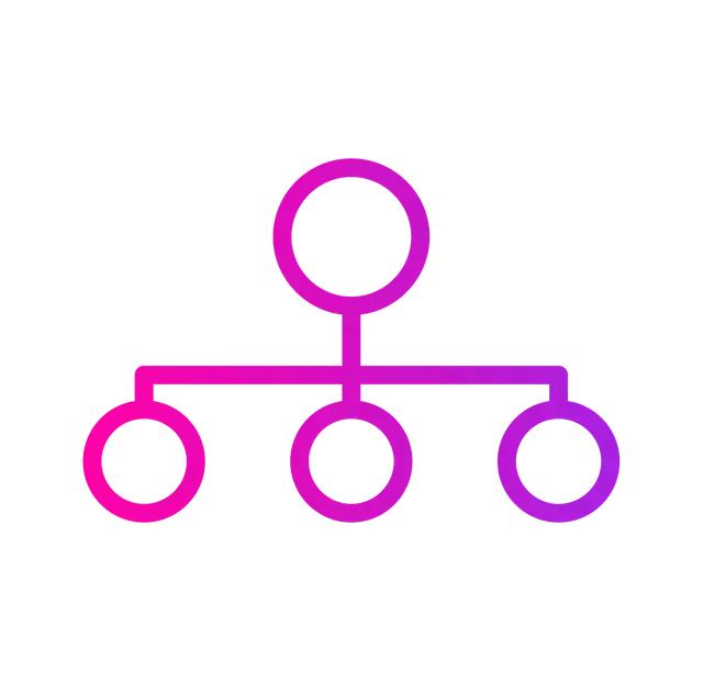Organizational chart, purple gradient. One large circle on top, three smaller circles connected below.