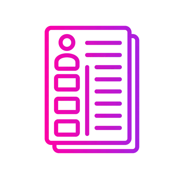 A pink and purple gradient icon of two stacked sheets of paper with a checklist and profile icons.