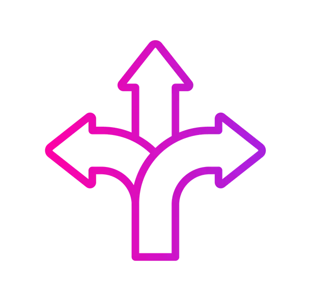 Three arrows, one pointing up, one left, one right, in shades of pink and purple.