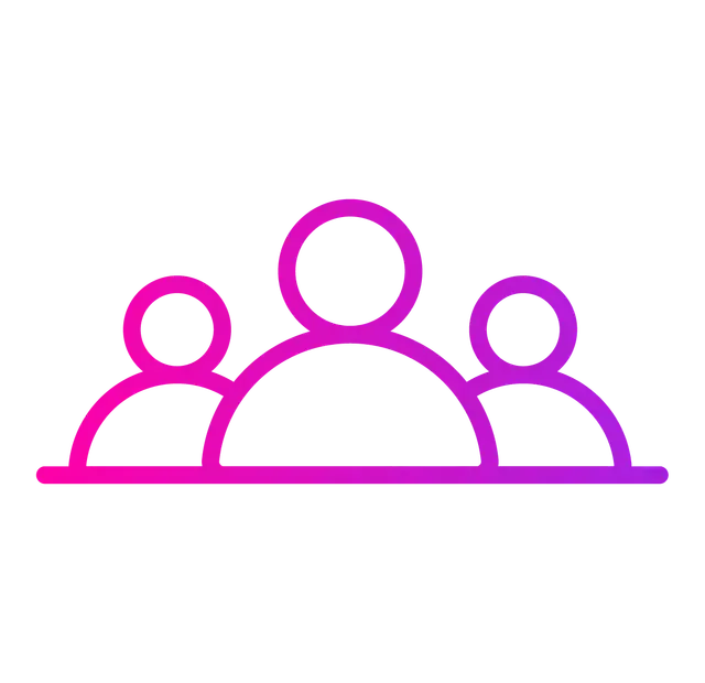 Three stylized people with a purple and pink gradient, symbolizing a group.