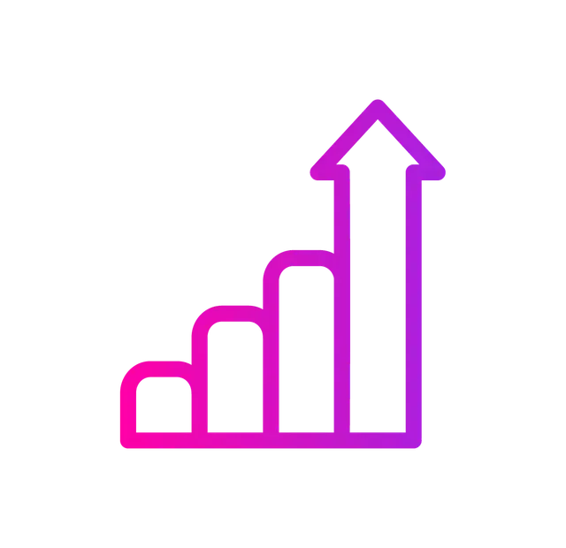 A purple and pink gradient bar graph with an upward arrow, indicating growth and progress.