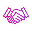 Two hands, shaking in a handshake, with a purple and pink gradient.