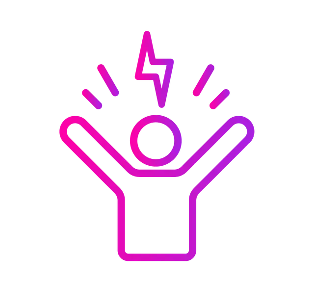 Person with arms raised, lightning bolt above head, radiating energy.