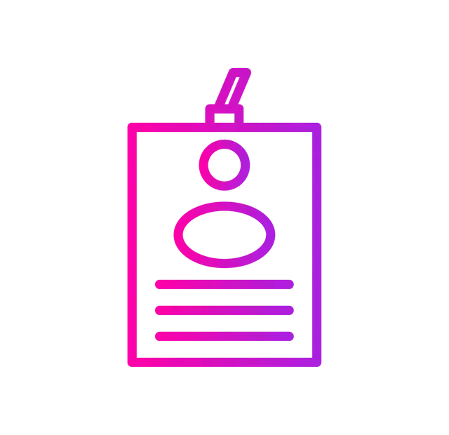 Employee ID badge with person icon and lines, gradient pink/purple.