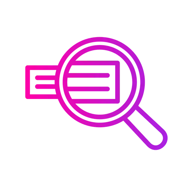 Magnifying glass over a document, pink and purple gradient.