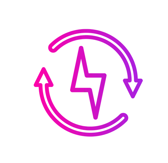 Electric charge symbol with rotating arrows, purple and pink gradient.