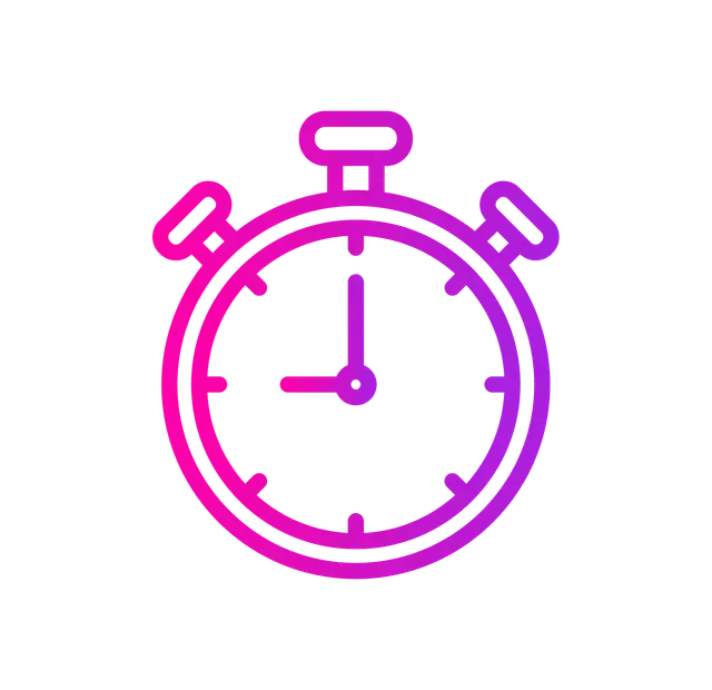 Stopwatch with pink and purple gradient, hands at 9 o'clock.