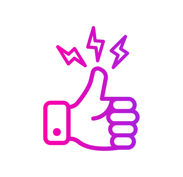 Thumbs-up hand gesture with purple and pink gradient, lightning bolts above.