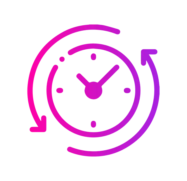 Clock with circling arrows, pink to purple gradient, indicating time reoccurance.